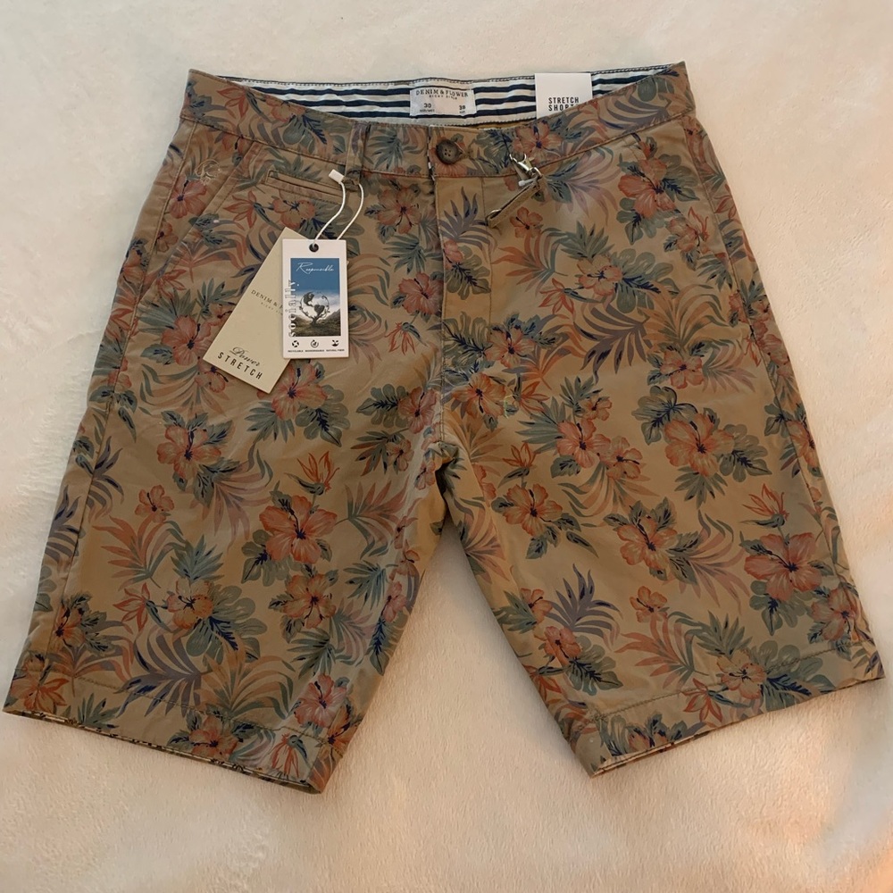 Denim & Flower Men's Floral Chino Shorts - Tan with Green & Orange Accents